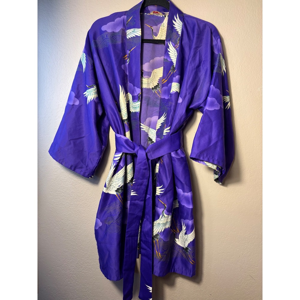Vintage Maru-Kyo Kyoto-Tokyo Purple Crane Print Kimono Robe with Belt